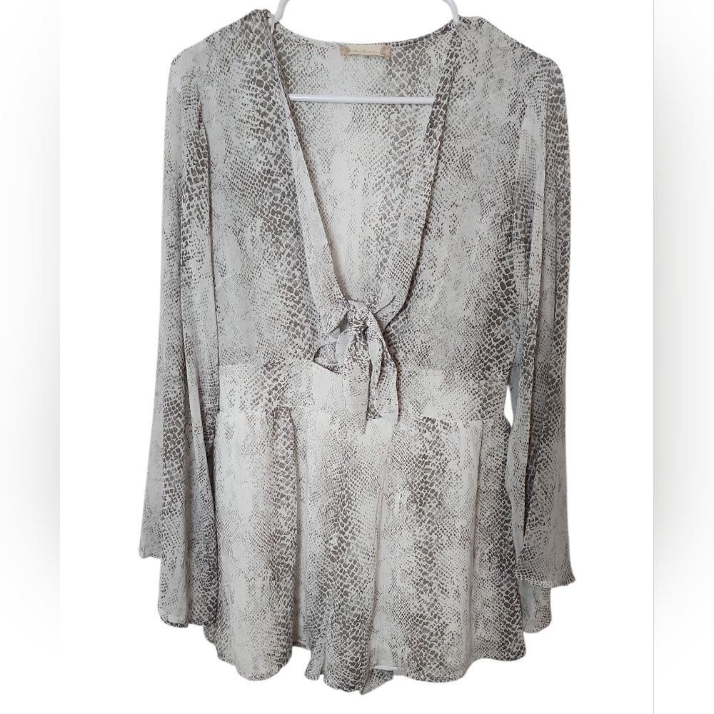 Altar'd State Snake Print‎ Long Sleeve Sheer Tie Front Cut Romper Size Medium